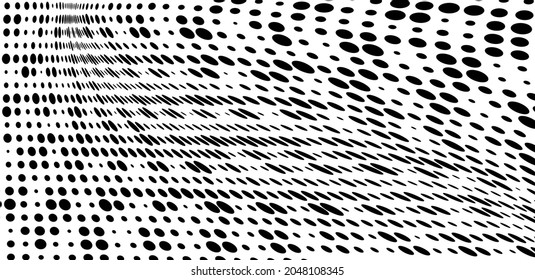 Textura óptica vectorial moderna del arte pop. Resúmenes de onda media salpicada fondo. Patrón futurista retorcido, puntos, círculos