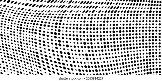 Vector modern optical texture of pop art. Abstract halftone wave dotted background. Futuristic twisted grunge pattern, dots, circles