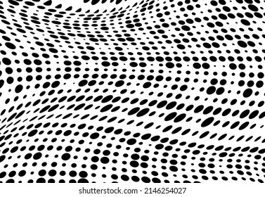 Vector modern optical texture of pop art. Abstract halftone wave dotted background. Futuristic twisted grunge pattern, dots, circles