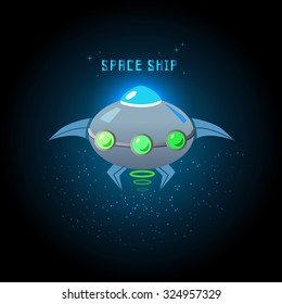 Vector modern origami space ship icon, flat cosmic rocket logo with stars and sparkles. Galaxy banner