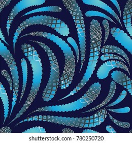 Vector modern paisley seamless pattern. Floral vintage black blue background with ornamental lattice lace paisley flowers. Hand drawn flourish abstract ornaments. Ornate design for fabric, wallpapers