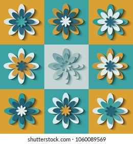 Vector modern paper cut flowers. Trendy craft style illustration. 3d effect imitation