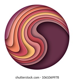 Vector modern paper cut waves round background. Trendy craft style illustration. 3d effect imitation