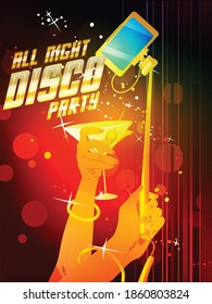 Vector modern party flyer with multiple raised hands holding wine glass, mobile device. Colorful corporate celebration event background with stars, bokeh
