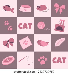 Vector modern pattern with cat toys and accessories on checkered background
