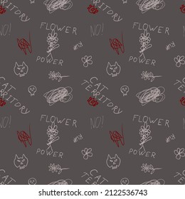 Vector modern pattern with text, pen inscriptions, crooked handwriting, words of a rock star on a dark background. Abstract fashion pattern with a print in the style of hand drawing for teenagers.