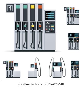 Vector modern petrol or gas filling station pumps set. Includes four pumps with different designs