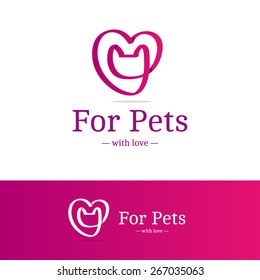 Logo de la cinta rosa moderna vectorial. Cabeza de gato en el logotipo del corazón. Logo de moda en técnica superpuesta