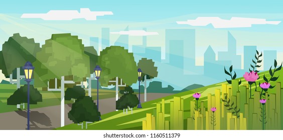 Imagen de un parque público urbano con rascacielos de fondo.