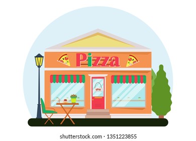 Vector modern   pizza cafe detailed facade in flat style. Vector illustration. 
