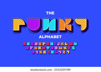 Vector of modern pop art font and alphabet. Playful style font design, colorful childish alphabet, letters and numbers vector illustration