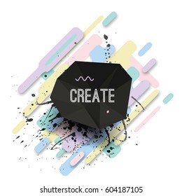 Vector modern poster with dynamic composition made of various rounded shapes in pastel colors and watercolor splash. Abstract geometric background.