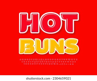 Vector moderno afiche Hot Buns.  Fuente Glossy Roja. Letras y números de alfabeto creativos