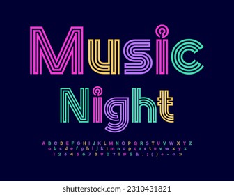 Vector modern Poster Music Night. Colorful maze Font. Bright set of abstract style Alphabet Letters, Numbers and Symbols