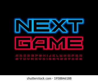 Vector modern Poster Next Game. Red Glowing Font. Neon Alphabet Letters and Numbers set