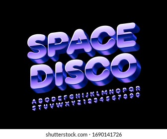 Vector modern poster Space Disco. Metal purple Font. 3D reflective Alphabet Letters and Numbers