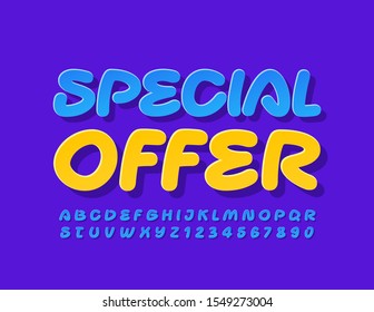 Vector modern poster Special Offer. Blue Uppercase Font. Creative Alphabet Letters and Numbers