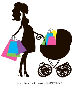 vector of modern pregnant mommy with vintage  baby carriage, online store, logo, silhouette, sale icon on white background, African American girl stores, black woman shopping