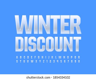 Vector modern promo Winter Discount. Glossy stylish Font. White Alphabet Letters and Numbers set