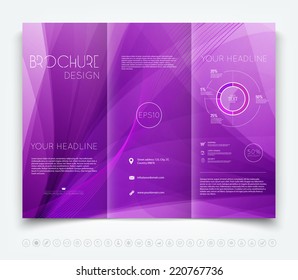 Vector modern purple tri-fold brochure design template with colorful smooth waves background