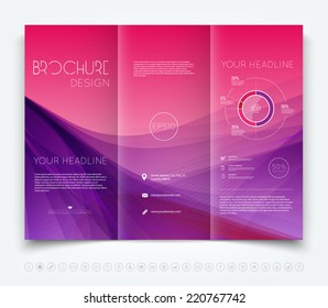 Vector modern purple tri-fold brochure design template with colorful smooth waves background