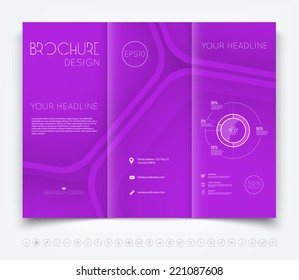 Vector modern purple tri-fold brochure design template with colorful abstract 3d background