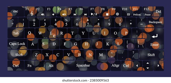 Recorte del patrón de diseño de teclado de qwerty moderno vector. Fondo de las luces de bokeh.