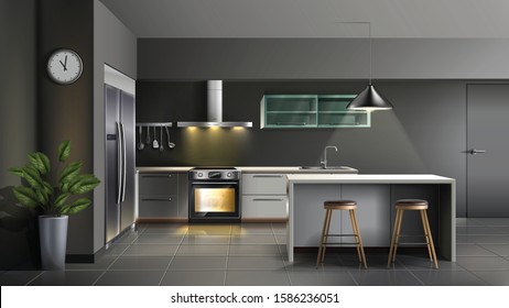 Vector moderno interior de cocina realista con utensilios, horno con luz, armarios y estantes con taburetes y mesa de bar. Ilustración aislada en fondo blanco.