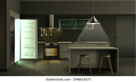 Vector modern realistic kitchen interior in the evening with open fridge with light  with utensils, oven with light, cabinets and shelves with bar stools and bar table. 