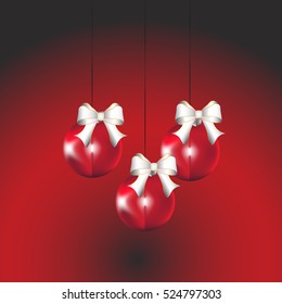 Vector modern red background Christmas baubles, bows gray. Xmas invitation card. Eps 10