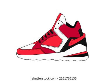 Vector modern red and black sneakers illustration. Casual footwear symbol isolated on white background. Basketball colorful shoes, side view. Sport style boots icon. Leather shoe new model