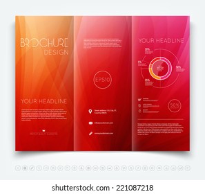 Vector modern red tri-fold brochure design template with colorful smooth waves background