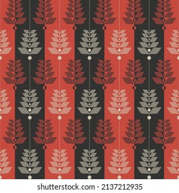 Vector modern red-black stripes color ethnic flower shape seamless pattern background. Scandinavian nordic style. Use for fabric, textile, interior decoration elements, upholstery, wrapping.