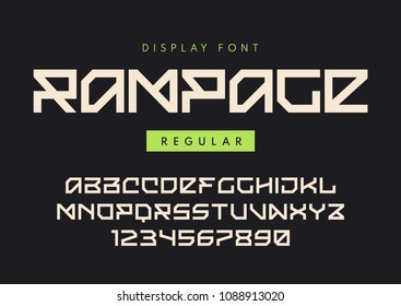Vector modern regular display font named Rampage, blocky typeface, futuristic uppercase letters and numbers, alphabet. Global swatches.