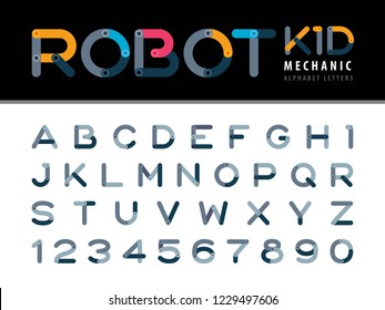 Vector of Modern Robot and Mechanic Alphabet Letters and numbers, Minimal Letters set for Technical Futuristic, Cartoon, automaton
