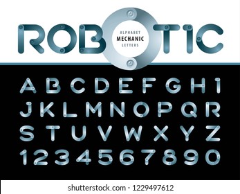 Vector of Modern Robot and Mechanic Alphabet Letters and numbers, Minimal Bronze Letters set for Technical Futuristic, Cartoon, automaton