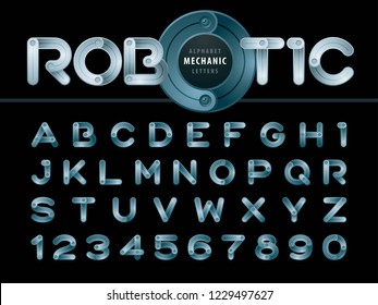 Vector of Modern Robot and Mechanic Alphabet Letters and numbers, Minimal Bronze Letters set for Technical Futuristic, Cartoon, automaton,
