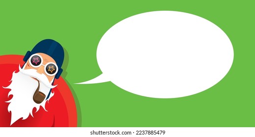 vector modern rock n roll santa claus with smoking pipe, santa beard and funky hat isolated on green christmas horizontal banner background with snowflakes. Horizontal Christmas hipster party poster