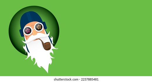 vector modern rock n roll santa claus with smoking pipe, santa beard and funky hat isolated on green christmas horizontal banner background with snowflakes. Horizontal Christmas hipster party poster