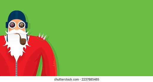 vectorial rock moderno y roll santa claus con tubo humeante, barba de santa y sombrero funky aislado en verde navidad fondo de banner horizontal con copos de nieve. Afiche de fiesta de hipster de Navidad horizontal