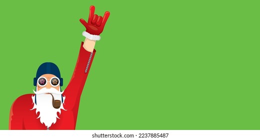 vector modern rock n roll santa claus with smoking pipe, santa beard and funky hat isolated on green christmas horizontal banner background with snowflakes. Horizontal Christmas hipster party poster