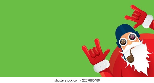 vector modern rock n roll santa claus with smoking pipe, santa beard and funky hat isolated on green christmas horizontal banner background with snowflakes. Horizontal Christmas hipster party poster