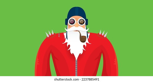 vector modern rock n roll santa claus with smoking pipe, santa beard and funky hat isolated on green christmas horizontal banner background with snowflakes. Horizontal Christmas hipster party poster