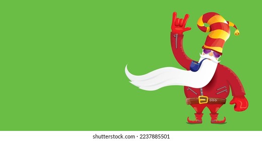 vector modern rock n roll santa claus with smoking pipe, santa beard and funky hat isolated on green christmas horizontal banner background with snowflakes. Horizontal Christmas hipster party poster