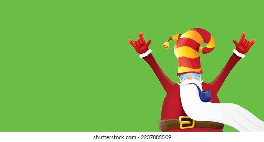 vector modern rock n roll santa claus with smoking pipe, santa beard and funky hat isolated on green christmas horizontal banner background with snowflakes. Horizontal Christmas hipster party poster