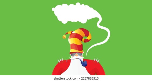 vector modern rock n roll santa claus with smoking pipe, santa beard and funky hat isolated on green christmas horizontal banner background with snowflakes. Horizontal Christmas hipster party poster