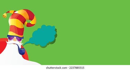 vector modern rock n roll santa claus with smoking pipe, santa beard and funky hat isolated on green christmas horizontal banner background with snowflakes. Horizontal Christmas hipster party poster