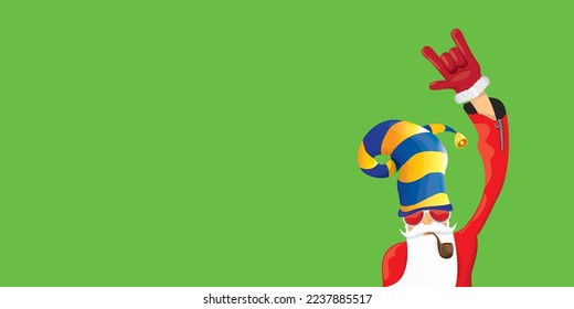 vector modern rock n roll santa claus with smoking pipe, santa beard and funky hat isolated on green christmas horizontal banner background with snowflakes. Horizontal Christmas hipster party poster