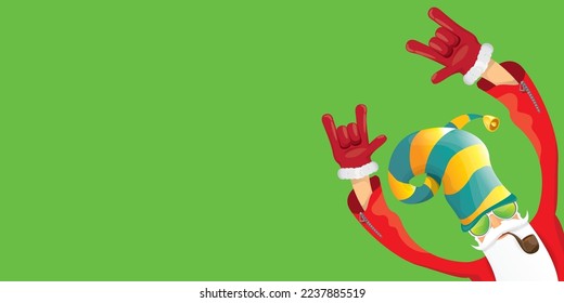 vector modern rock n roll santa claus with smoking pipe, santa beard and funky hat isolated on green christmas horizontal banner background with snowflakes. Horizontal Christmas hipster party poster
