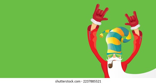 vector modern rock n roll santa claus with smoking pipe, santa beard and funky hat isolated on green christmas horizontal banner background with snowflakes. Horizontal Christmas hipster party poster